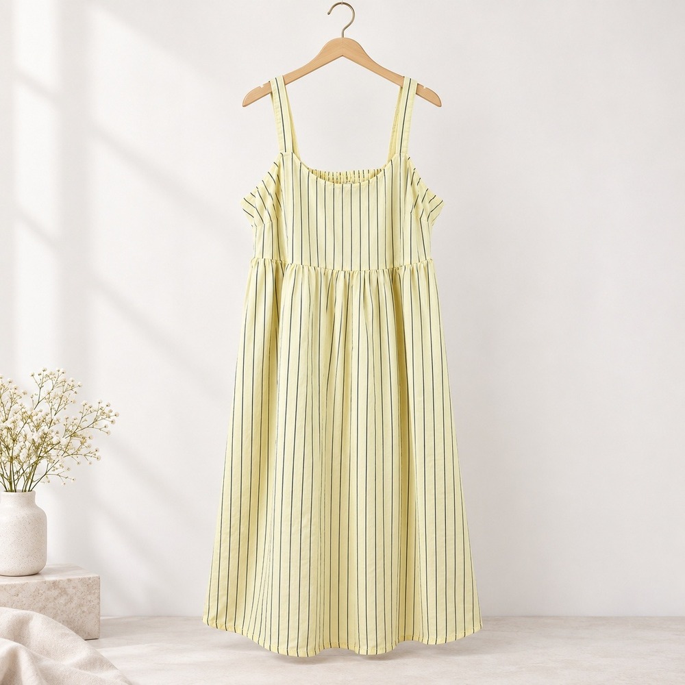 Yellow Striped Midi Sun Dress Womens 1X Yellow Excellent Smocked Back 99% Cotton